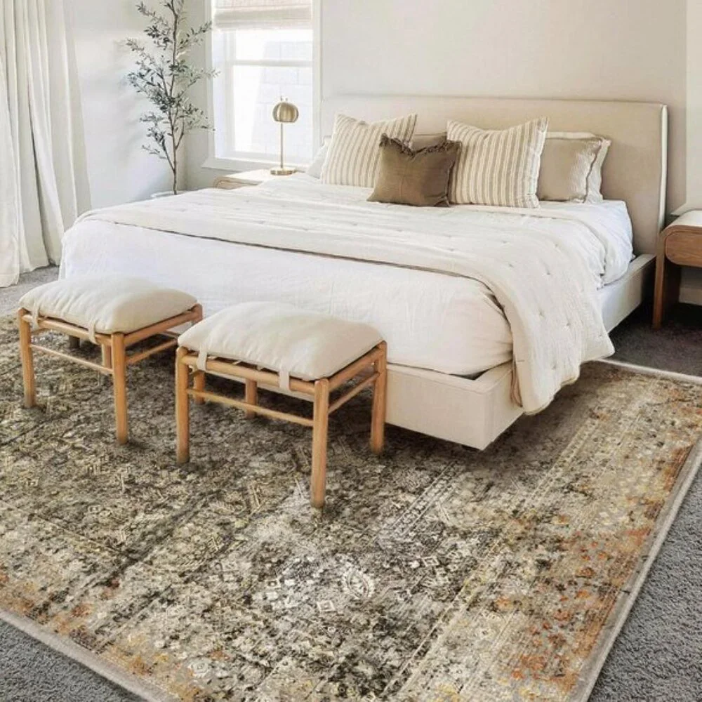 New 8x10 Washable Vintage Area Rug, Distressed Floral Non-Slip Thin Carpet